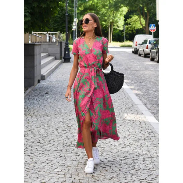 2024 designer womens skirt summer new V-neck print lace-up Lady Floral dress Urban fashion Clothes