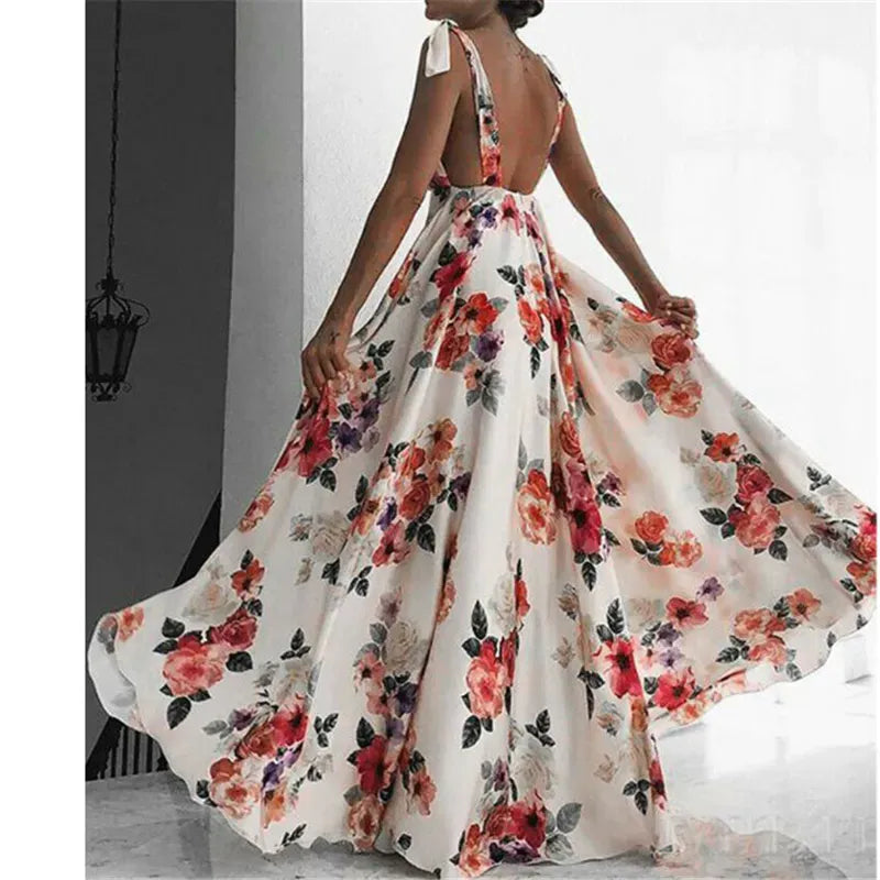 Casual Dresses Floral Print Dresses Women Summer Sleeveless V-Neck Backless Vintage Long Boho Party Cocktail Casual Loose Beach Pink Dress