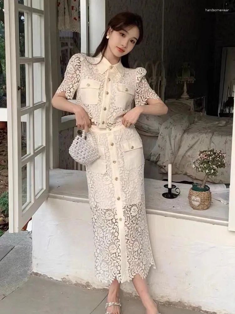 Work Dresses Luxury Runway Small Fragrance Two Piece Set Women Lace Hollow Out Shirt Top Long Skirt Suits Summer 2 Sets