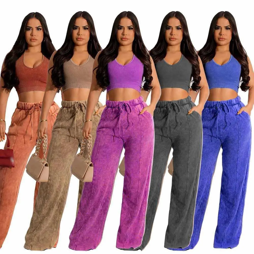 Women's Two Piece Pants Summer women's 2 piece new clothing in matching sets two pieces set woman clothes 2023 crop top pants outfits P230516