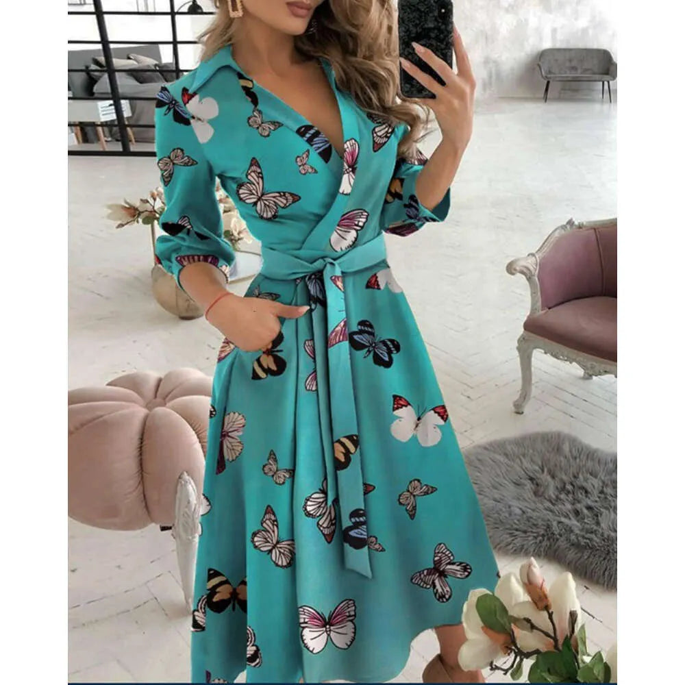 Designer Maxi Dresses For Women V Neck Long Shirt Chain Print Lapel Neck Party Dress Casual Long Sleeve Oversized Spring And Summer Ladies Full Length Skirt