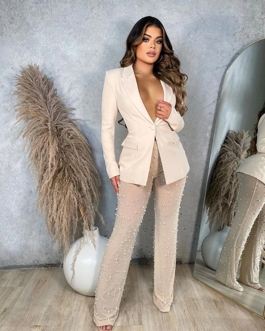 Womens Suits Blazers Two Piece Set Women Blazer Pearls Sheer See Through Mesh Pants Long Sleeve Single Button Jacket Coat Tracksuit Clothes For Women 230216