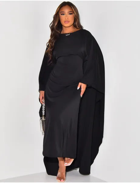 Casual Dresses Autumn Fashion Satin Party Dress Robe Abaya Muslim Women Elegant Solid Round Neck Bat Sleeves Loose Maxi