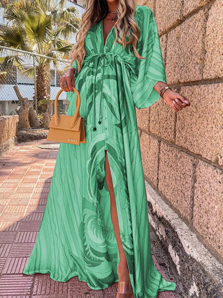 Casual Dresses Boho Print Maxi Dress for Women Bikini Cover Ups Summer Bohemian Beach Sundress Sexy Floral Tunic Long Dress Vestido Feminino 221126