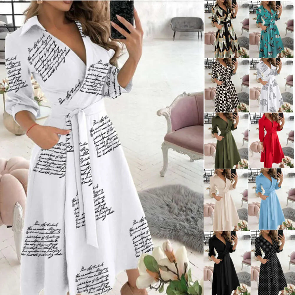 Designer Maxi Dresses For Women V Neck Long Shirt Chain Print Lapel Neck Party Dress Casual Long Sleeve Oversized Spring And Summer Ladies Full Length Skirt