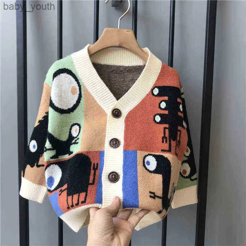 1-8Year Baby Boys Knitted Sweater Autumn Winter V Neck Single Breasted Jacket Kids Catoon Casual Sweater Tops Y0925