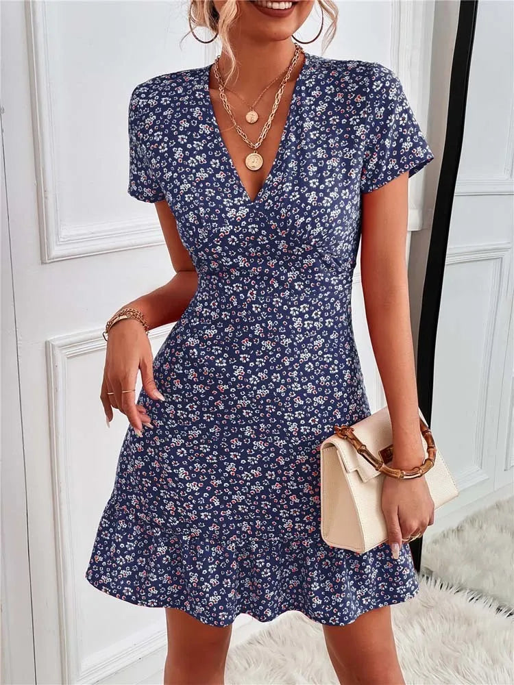 Basic Casual Dresses Summer Short Boho Dress Women V Neck Print Floral Party Dress Ladies Bohemian Flower Mini Dress For Women 230531