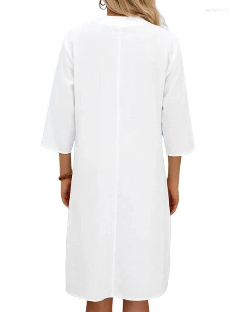 Casual Dresses Fashion Women's Dress 2023 Oversized Standing Collar With 3/4 Sleeves White Cotton Linen Chic Vestido For Women