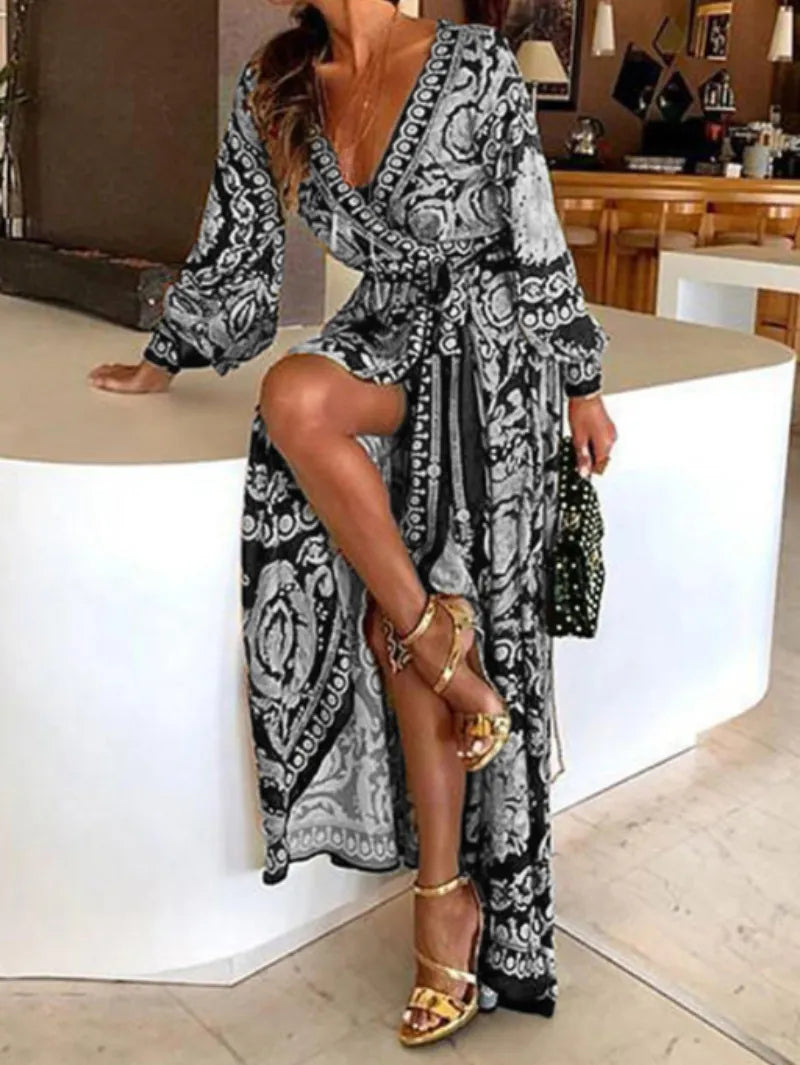 Casual Dresses Womens Boho V-Neck Vintage Printed Dress Large Swing Split Sundress Long Maxi For Summer