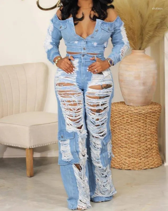 Women's Two Piece Pants Sexy Sets For Woman Outfit Denim High Waist Pocket Design Ripped Jeans 2023 Autumn Fashion Spicy Girl Attire