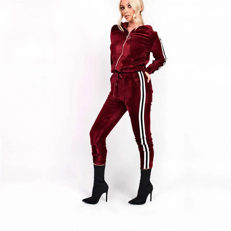 Women's Tracksuits New Arrival Womens Strip Spliced Velvet Tracksuit Winter Two Piece Set Top and Pants Full Sleeve Casual Velour Swea269o