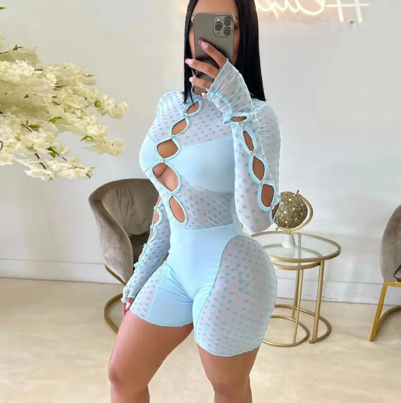 Women's Sexy Hollow Out Long Sleeve Jumpsuit Women Romper Club Hole See Through Mesh Ladies Playsuits Slim Stitching Shorts