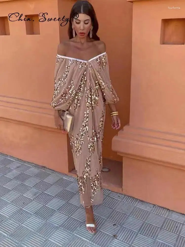 Casual Dresses Elegant Sequins Off Shoulder Pleated Party Dress Women Mesh Oversized Lantern Sleeve Midi Female Backless Evening Robe