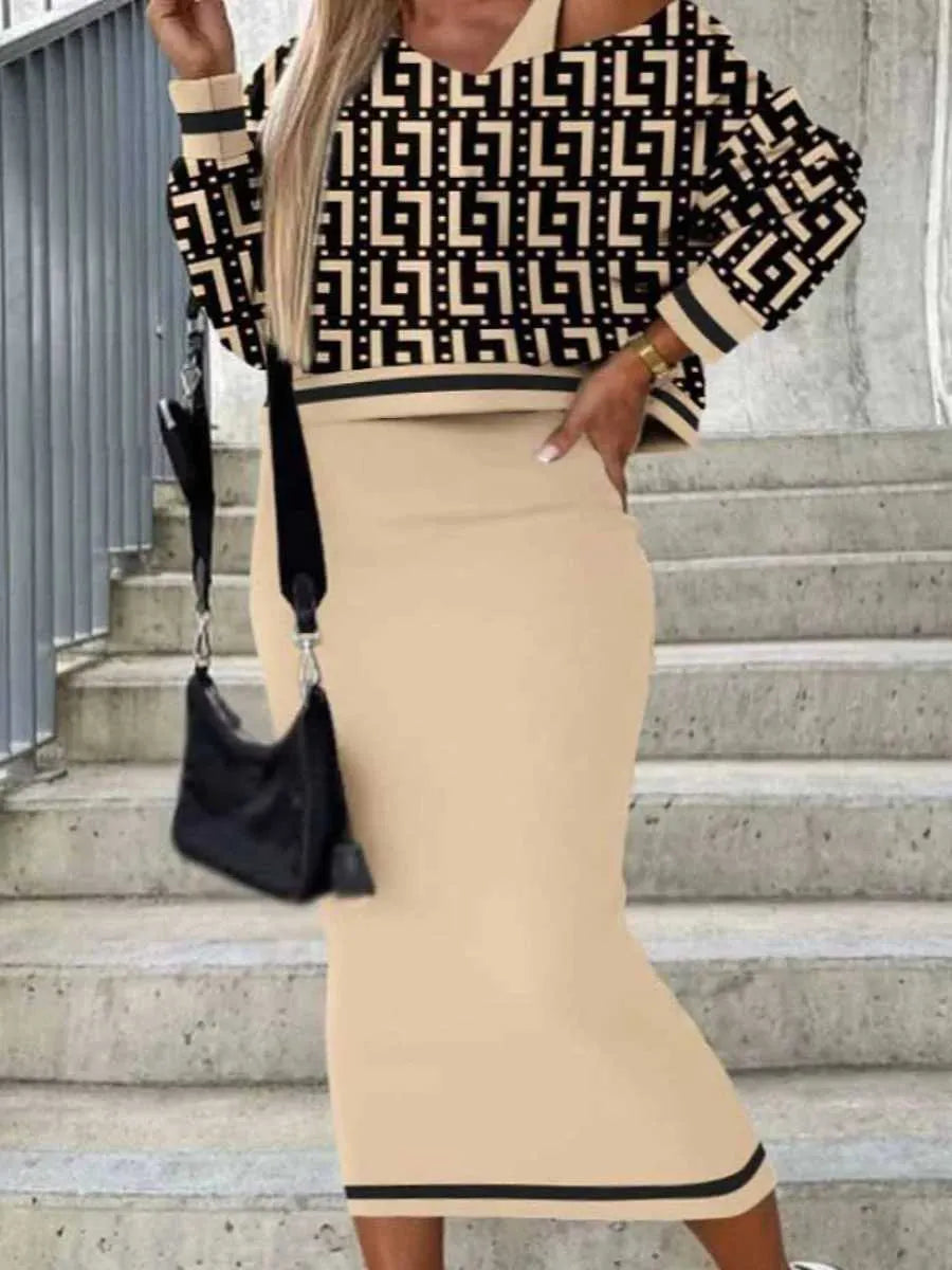 Two Piece Dress LW Oversize Fashion Women Party Dress Two Piece Suits Strtwear Sexy V Neck Tribal Print Matching Midi Bodycon Skirt Set L-3XL Y240508