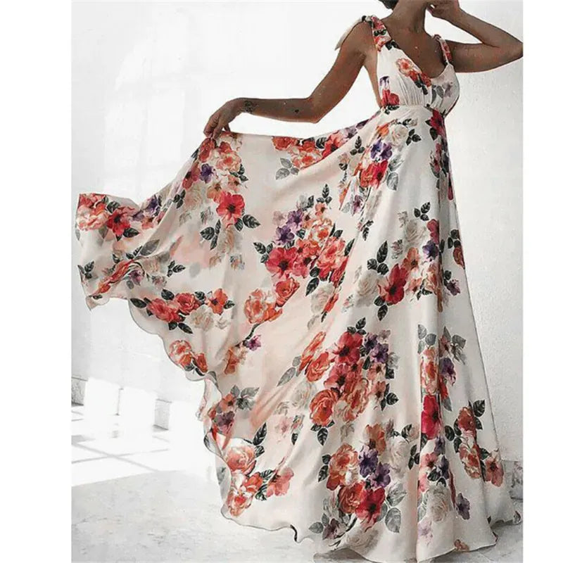 Casual Dresses Floral Print Dresses Women Summer Sleeveless V-Neck Backless Vintage Long Boho Party Cocktail Casual Loose Beach Pink Dress