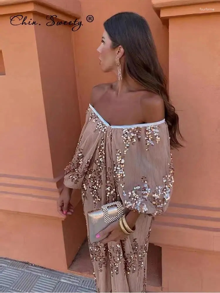 Casual Dresses Elegant Sequins Off Shoulder Pleated Party Dress Women Mesh Oversized Lantern Sleeve Midi Female Backless Evening Robe