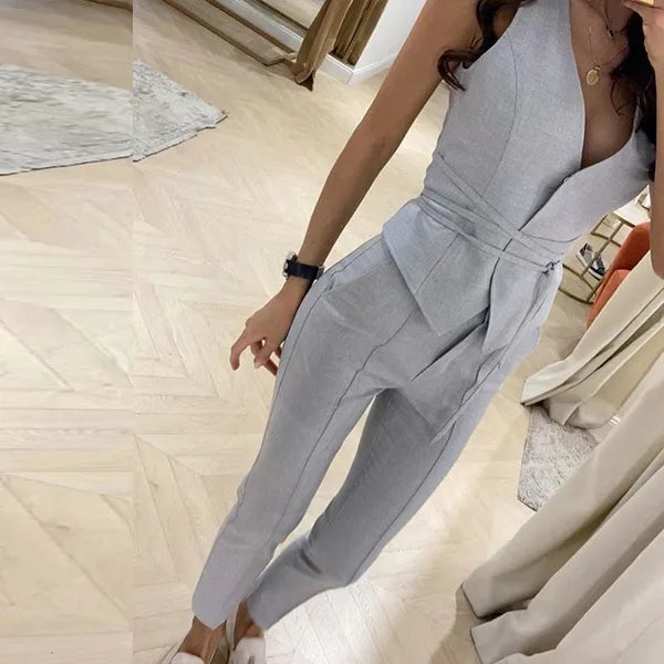 Womens Two Piece Pants Summer Bandage Office Commute 2 Pieces Sets Women European Style Vneck Sleeveless Vest Sexy High Waist Pencil 230222