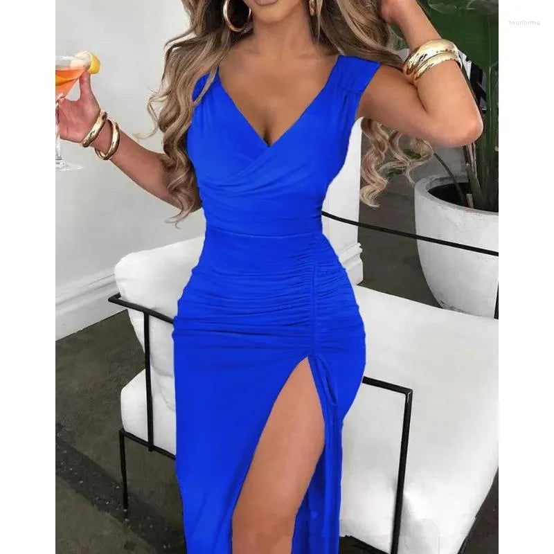 Casual Dresses 2023 Y2K INS Chic Sexy Sleeveless Corset Evening Cocktail Dress Elegant Drawstring Ruched High Slit Party For Women