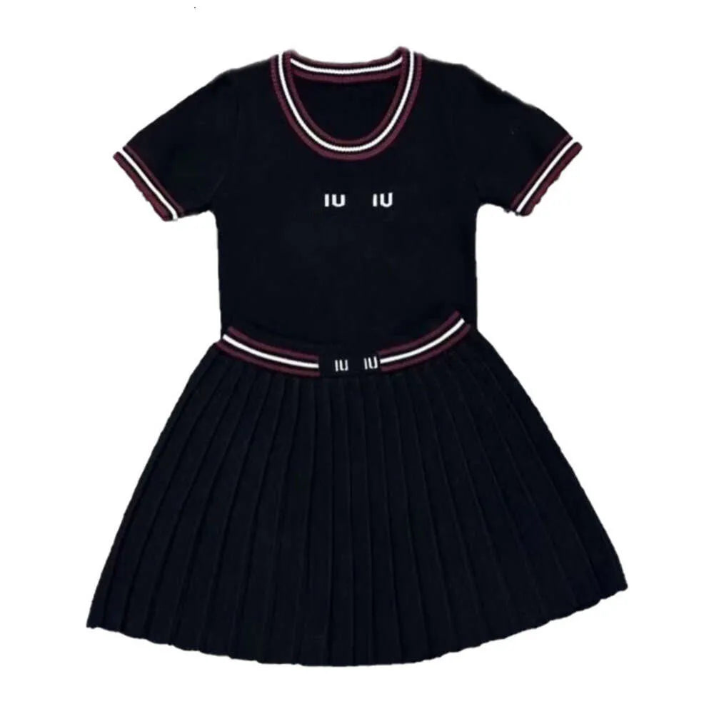 summer women set designer skirt suits letter applique knit color clashing pleated skirt two piece