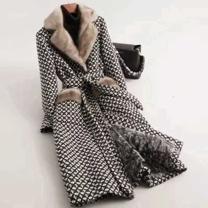 Womens Wool Blends Imitation mink fur imitation womens winter tweed long coat 230828