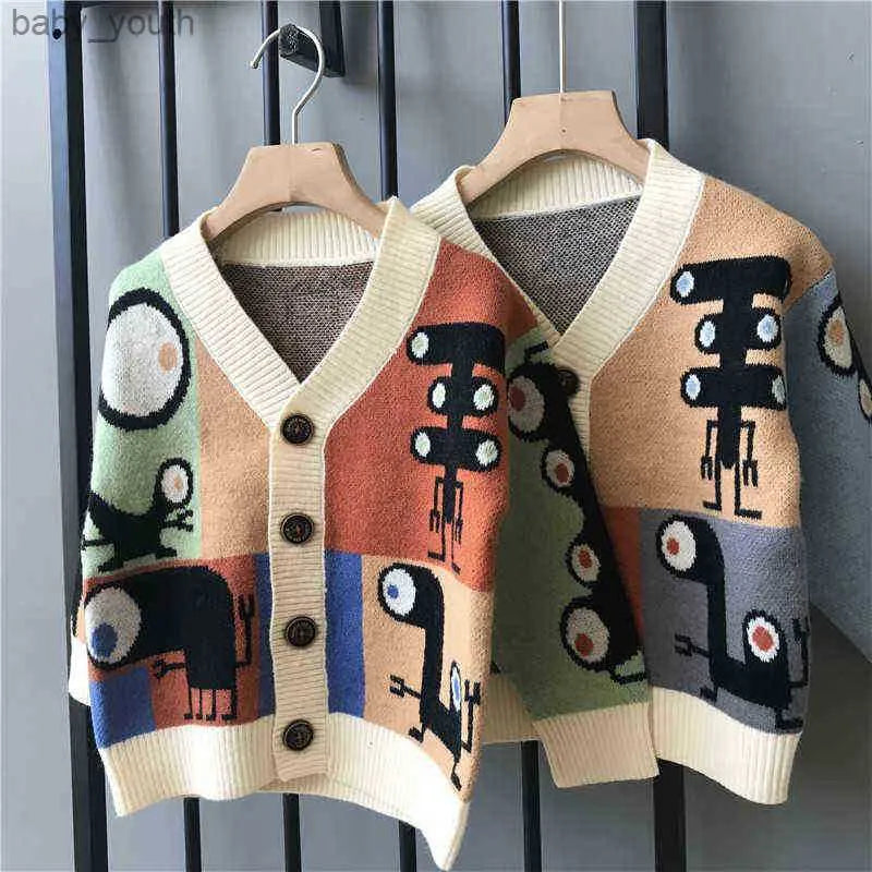 1-8Year Baby Boys Knitted Sweater Autumn Winter V Neck Single Breasted Jacket Kids Catoon Casual Sweater Tops Y0925