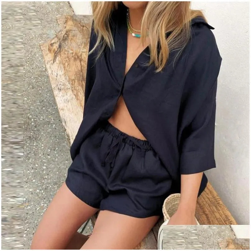 Women'S Tracksuits Womens Women Lounge Wear Shorts Set Short Sleeve Shirt Tops And Loose Mini Suit Two Piece Cotton Linen Summer Tra Dhgey