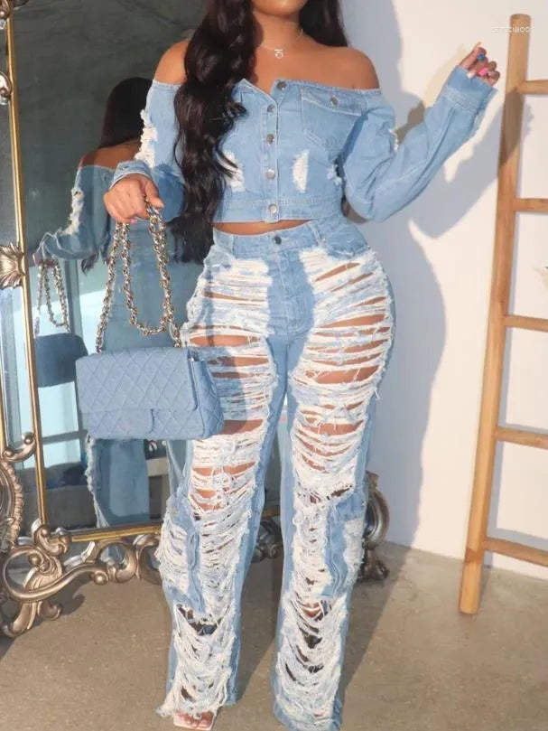 Women's Two Piece Pants Sexy Sets For Woman Outfit Denim High Waist Pocket Design Ripped Jeans 2023 Autumn Fashion Spicy Girl Attire