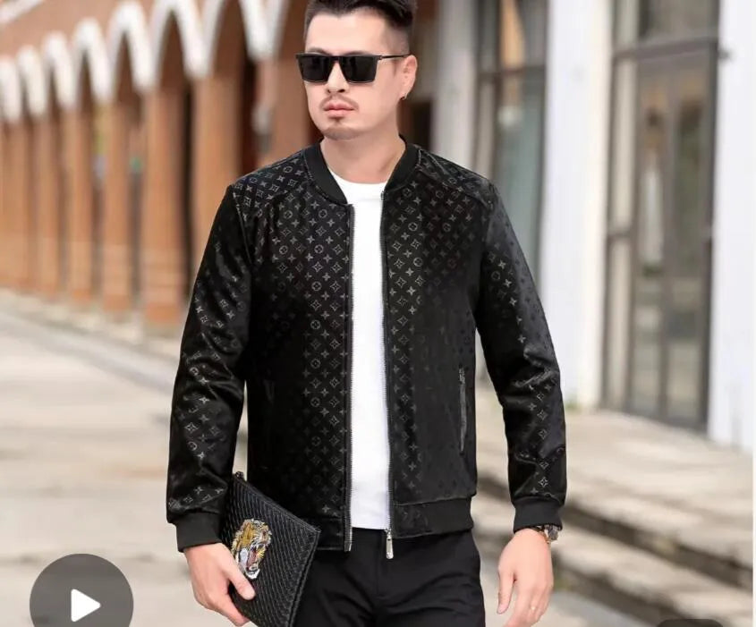 2023 Designer Mens Jacket printed leather jacket for men's youth baseball collar, spring and autumn casual black leather jacket, autumn and winter men's coat