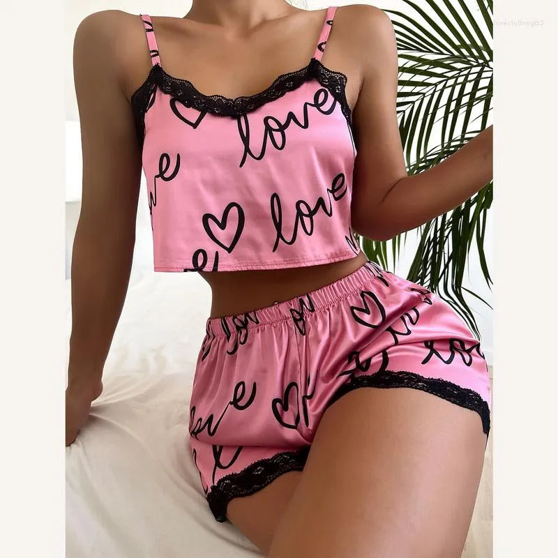 Women's Sleepwear Two Pieces Set Women'S Pajama Shorts Suit Print Underwear Pijama Sexy Lingerie Camisoles Tanks Nighty Ladies