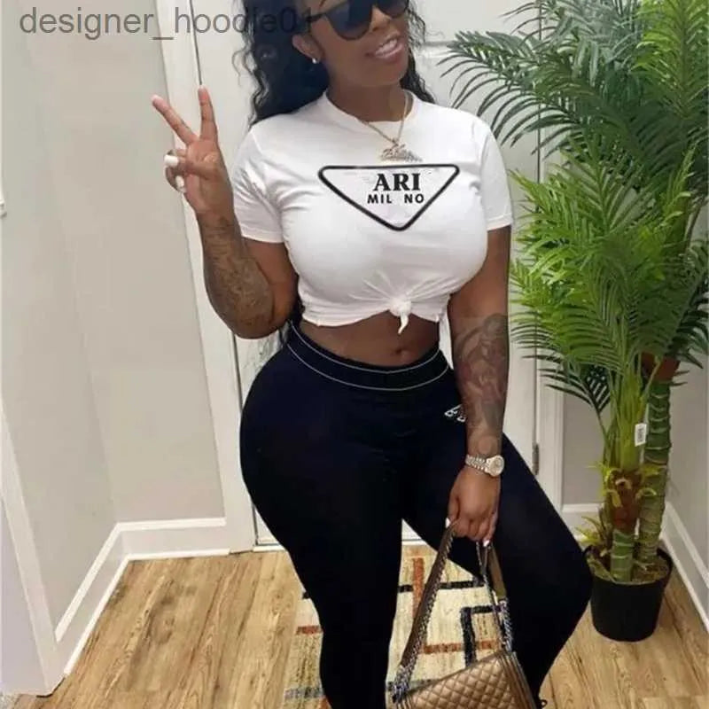 Women's Tracksuits Womens Clothing Designer Track Suit Casual Two Piece Set 2023 Summer Fashion Round Neck Short Sleeve LeisureTight pants Sets L230914