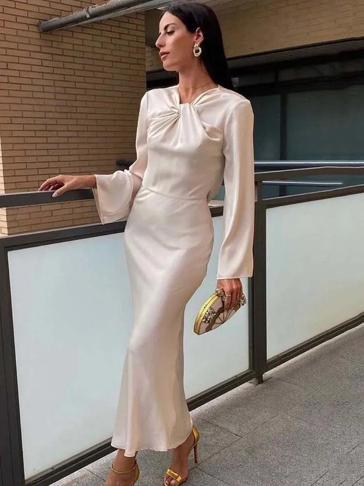 Basic Casual Dresses KLKXMYT TRAF Satin Long Dress Women Backless Maxi Dress Woman Autumn Knot Party Dresses for Women Long Sleeve Female Dress 230904