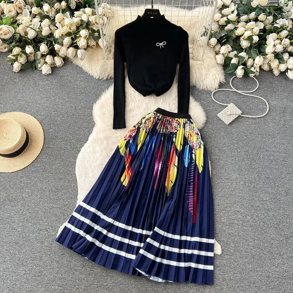 Two Piece Dress Runway Designer Pullover Knitted Black Tops and Long Pleated Skirt Suit Autumn Women Two Piece Sets Elegant Casual Party Outfit 2024