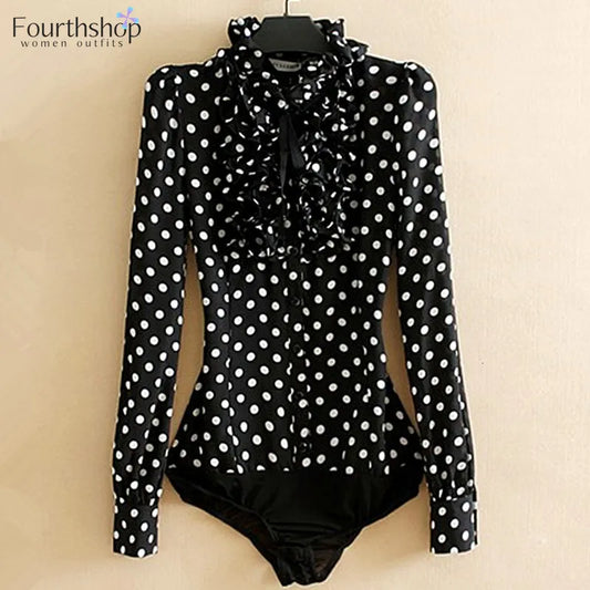 Women's Jumpsuits Rompers Fashion Polka Dot Print Bodysuit Women Black Body Shirt Long Sleeve Blouses Female Korean Ruffles Romper Tops 230826