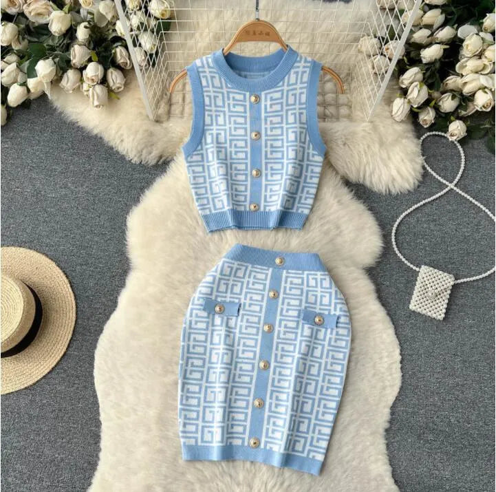 Designer Women Tracksuits Knitted Sleeveless Round Neck Tank Top+hip Wrap Short Skirt Fashion Two Piece Set