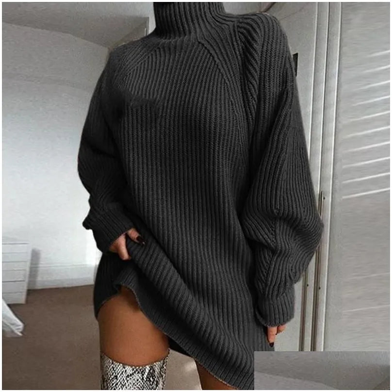 Basic Casual Dresses Autumn Solid Long Sleeve Elegant Mini Sweater Dress Plus Size Winter Clothes Women Turtleneck Oversized Knitted Dhz0C