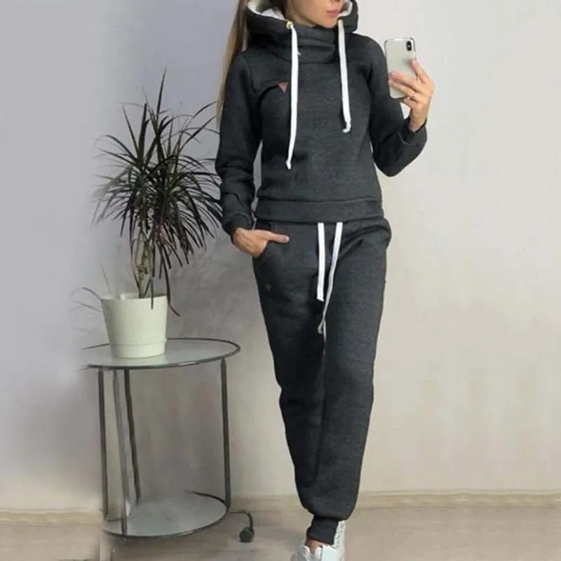 Women's Two Piece Pants 2Pcs Women Jogging Suit Solid Color Tracksuits Fleece Lined Hoodies Pants Set 220902