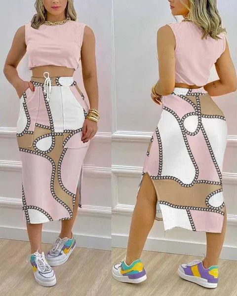 Womens Designer Clothes Casual Track Dresses 2023 New Printed Open Navel Tank Top Split Skirt Two Piece Set