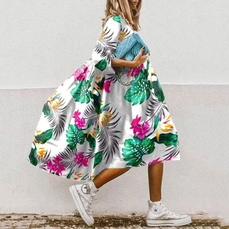 Casual Dresses 2023 Floral Print Oversized Women Elegant O Neck Half Sleeve A-Line Midi Dress Summer Boho Sundress Party Dreses Vestidos