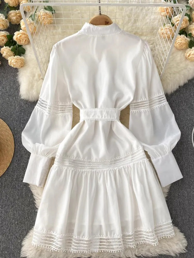 Casual Dresses Autumn Solid Color Lace Patchwork Ruffles Hollow Out Dress Women Lantern Long Sleeve Buttons Sashes A Line Short