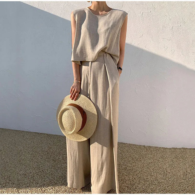 Women's Tracksuits Women Cotton Linen Suits Summer Sleeveless O-Neck Tank Top Wide Leg Pants Two Piece Sets Female Fashion Casual Solid Loose Suits 230504