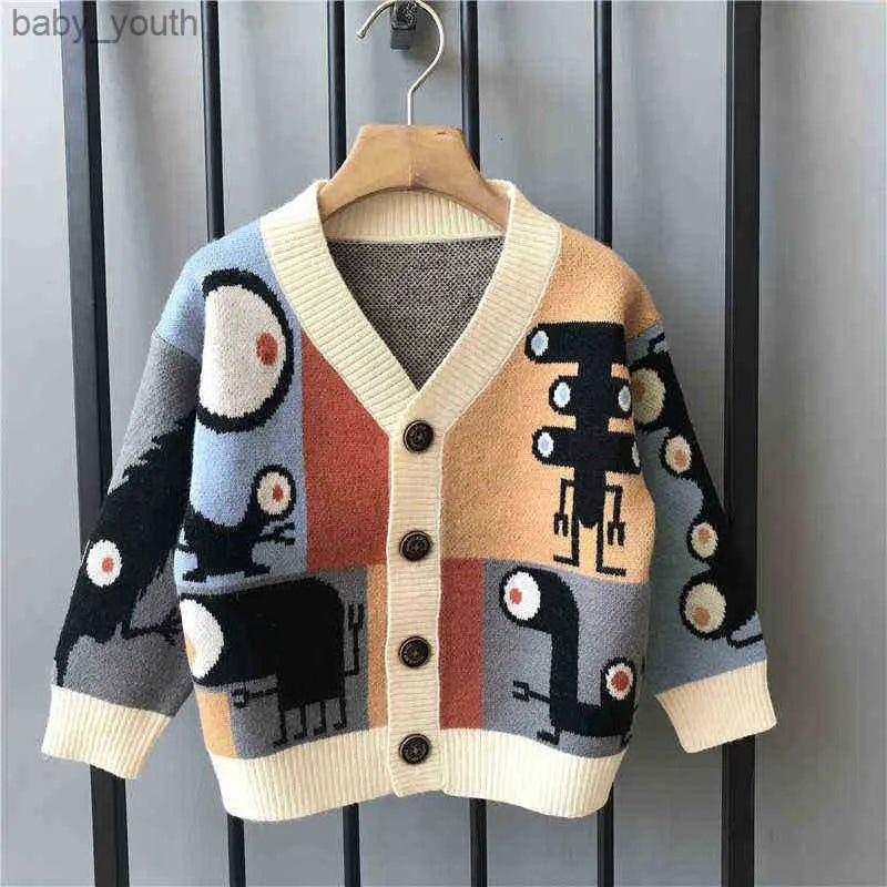 1-8Year Baby Boys Knitted Sweater Autumn Winter V Neck Single Breasted Jacket Kids Catoon Casual Sweater Tops Y0925