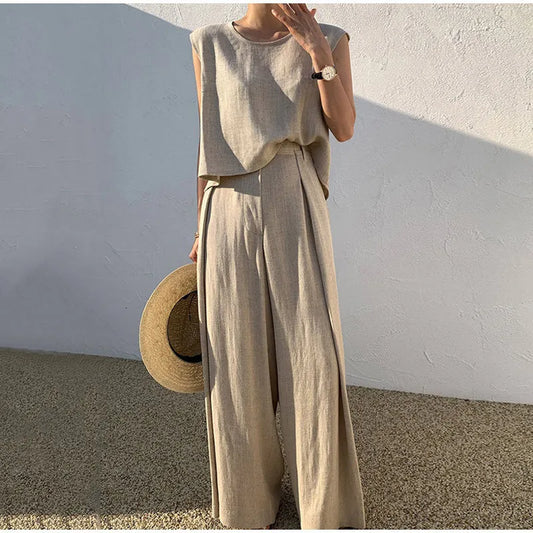 Women's Tracksuits Women Cotton Linen Suits Summer Sleeveless O-Neck Tank Top Wide Leg Pants Two Piece Sets Female Fashion Casual Solid Loose Suits 230504