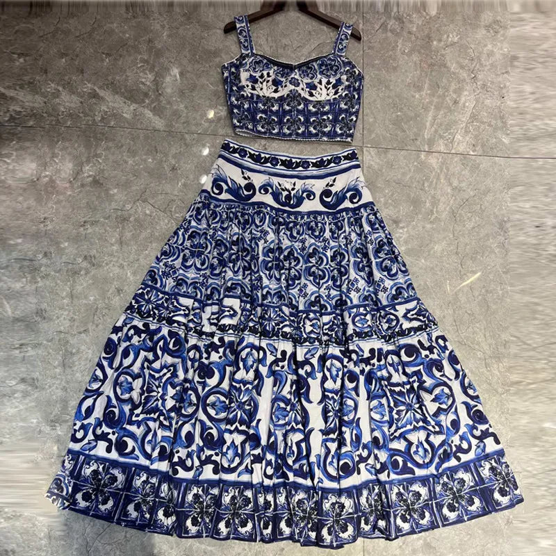 Two Piece Dress runway designer women two pieces set blue and white slimy tops short camisole maxi long skirt fashion outfit za 230607