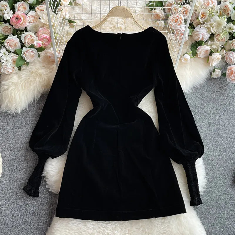 Vintage Black Dress for Women Elegant Lantren Sleeve Square Neck Party Dresses Korean Fashion Woman Clothes Vestidos 2023