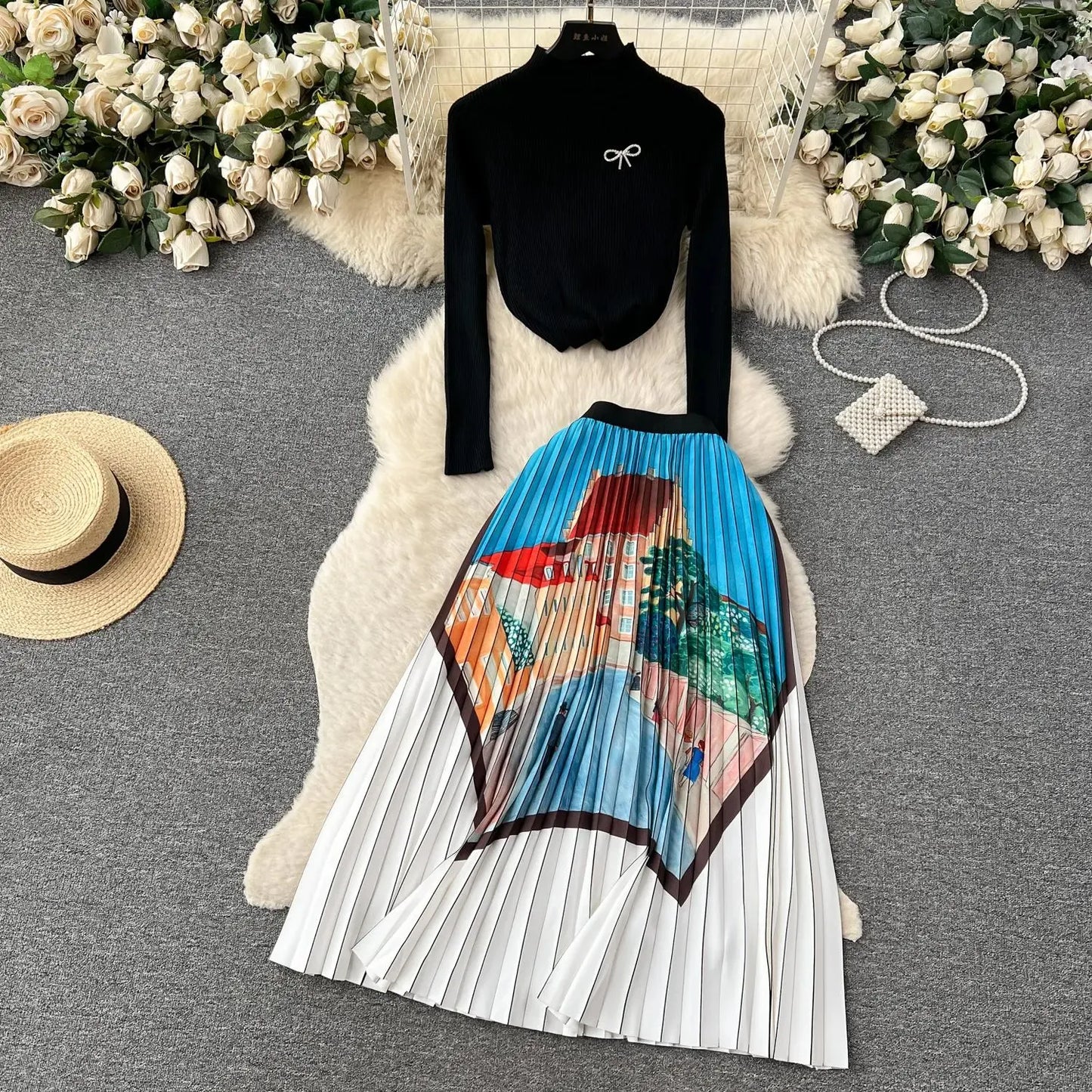 Two Piece Dress Runway Designer Pullover Knitted Black Tops and Long Pleated Skirt Suit Autumn Women Two Piece Sets Elegant Casual Party Outfit 2024