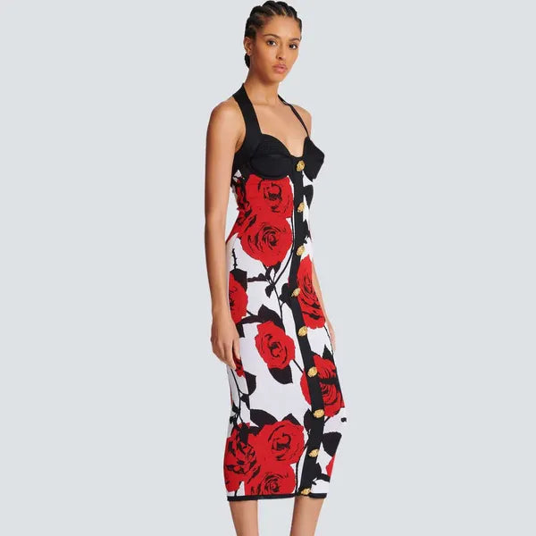 High-end Designer Halter Neck Sexy Long Red Flower Printed Knit Summer Spring Dresses For Women Party Wear Holiday FZ2405102