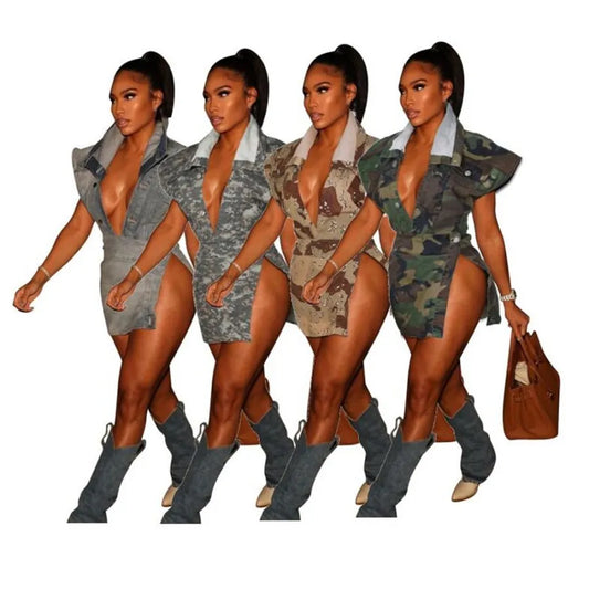 Camouflage Cargo Skirts Set designer Two Piece Set dress Outfits Flying Sleeve Shirt Tops Side Split Buttom Up Skirts women summer clothes 9853