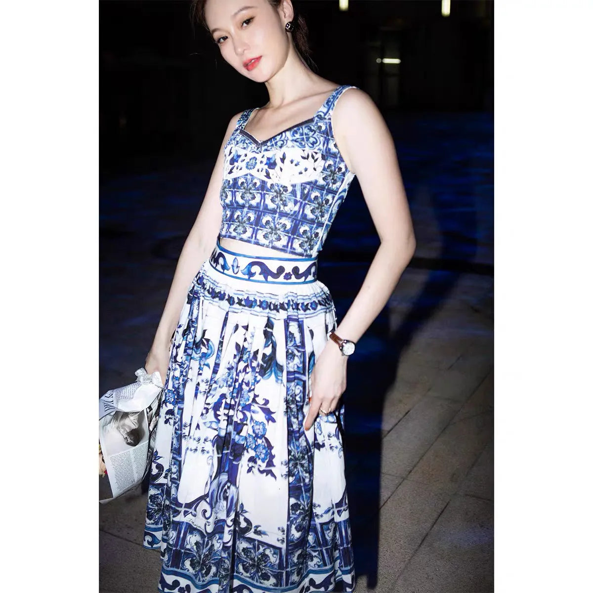 Two Piece Dress runway designer women two pieces set blue and white slimy tops short camisole maxi long skirt fashion outfit za 230607