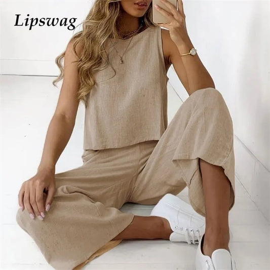 Women's Two Piece Pants Spring Summer Women Cotton Linen Set Casual Sleeveless O-neck Shirt and Loose Pants Suits Spring Summer Solid Two Piece Sets 3XL 221007