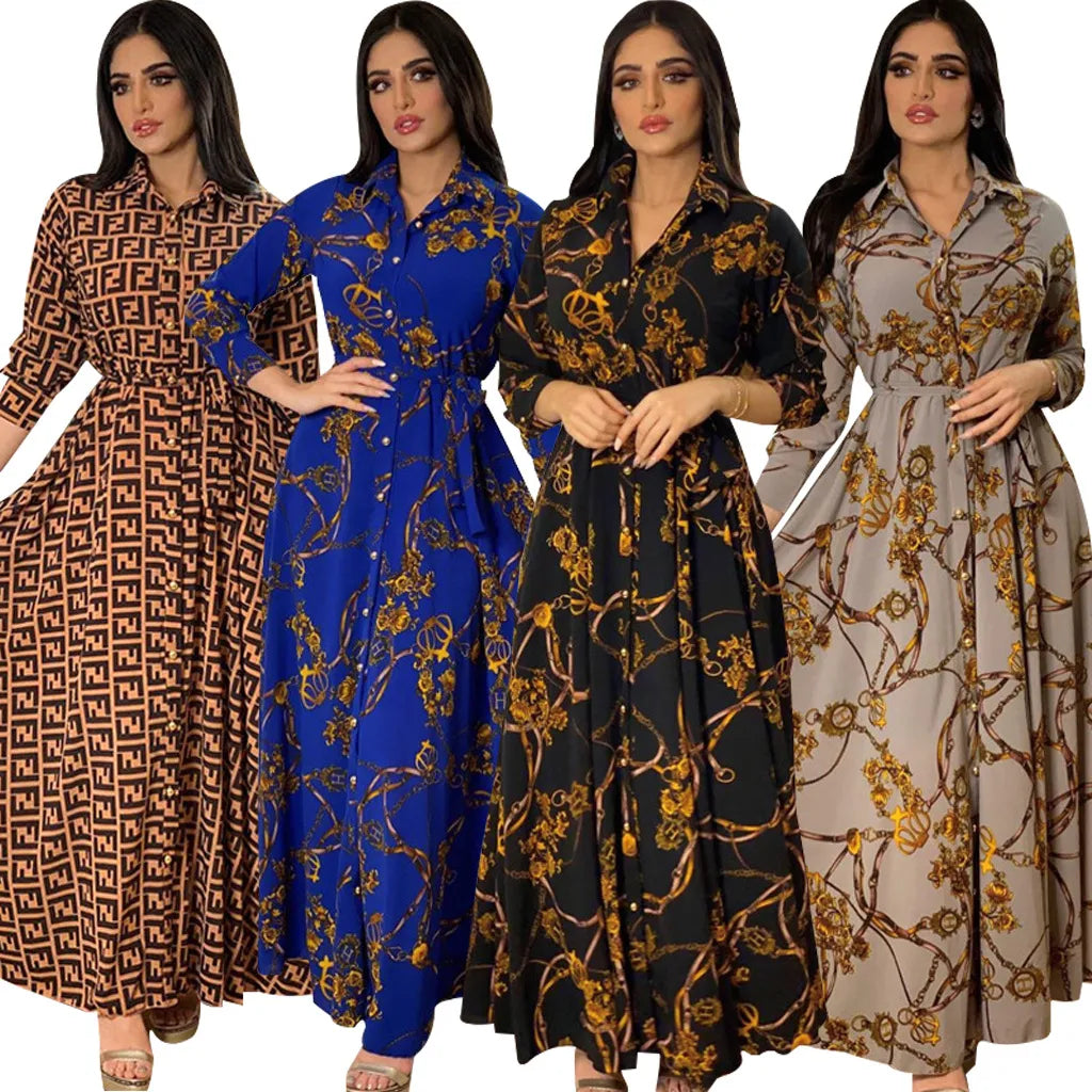 Designer Women's Casual Dresses Fashion French Elegant for Women Summer Retro Print Muslim Dubai Abaya Lapel Single-breasted Long Sleeve Shirt DressI25P